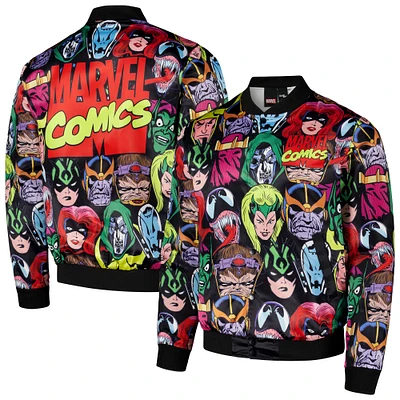 Men's Chalk Line Black Marvel Villains Heads Fanimation Satin Full-Snap Jacket