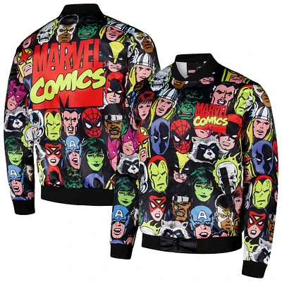 Men's Chalk Line Black Marvel Heroes Heads Fanimation Satin Full-Snap Jacket