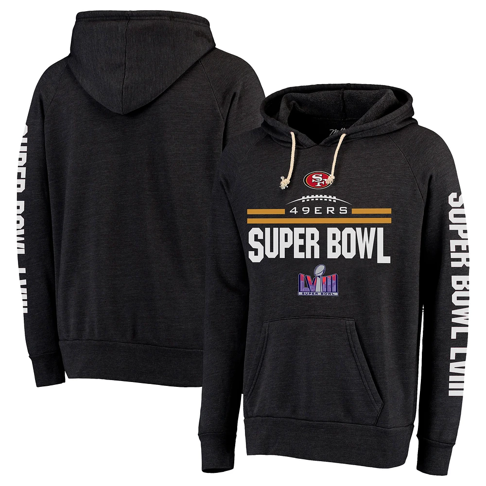 Men's Majestic Threads Heather Black San Francisco 49ers Super Bowl LVIII Tri-Blend Pullover Hoodie
