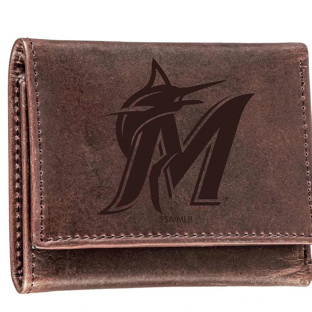 Brown Miami Marlins Tri-Fold Leather Wallet