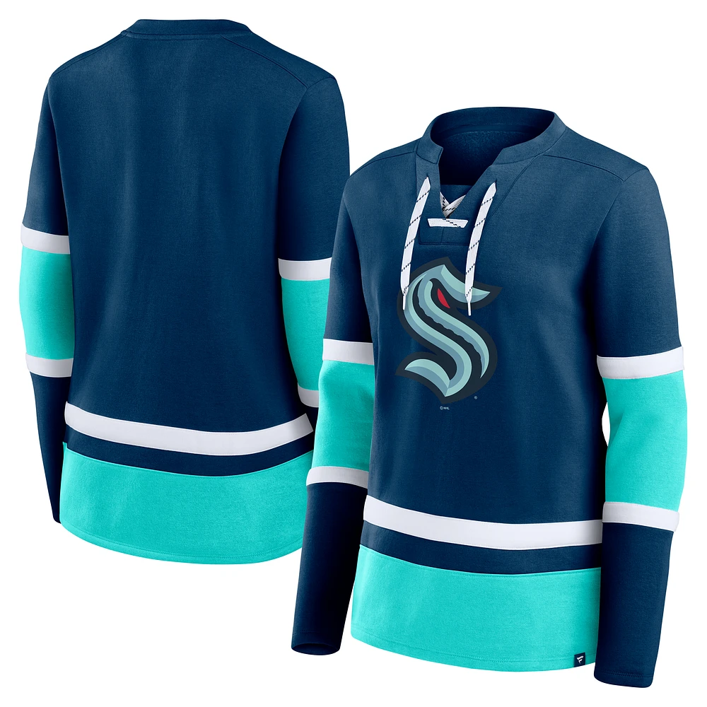 Women's Fanatics Deep Sea Blue Seattle Kraken Prime Time Lace-Up Long Sleeve T-Shirt