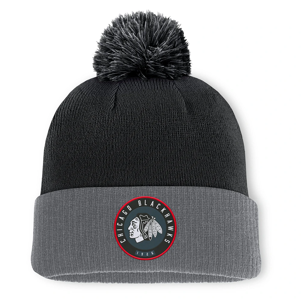 Men's Fanatics Black Chicago Blackhawks Aspyn Cuffed Knit Hat with Pom
