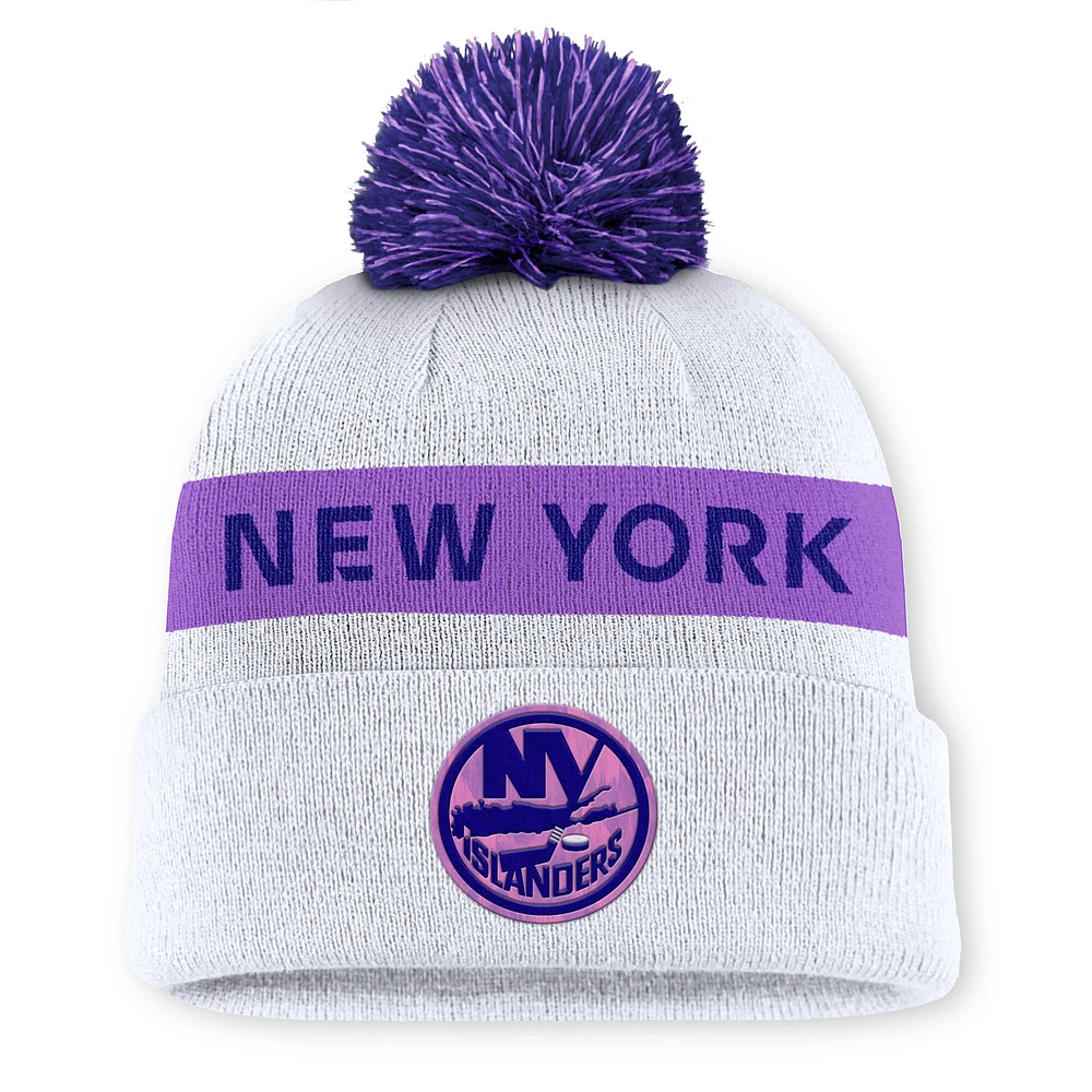 Men's Fanatics White New York Islanders Hockey Fights Cancer Cuffed Knit Hat with Pom