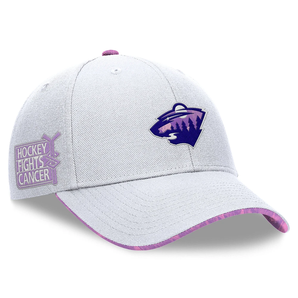 Men's Fanatics White Minnesota Wild Authentic Pro Hockey Fights Cancer Adjustable Hat