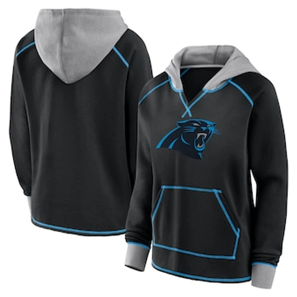 Women's Logo Athletic Black Carolina Panthers Boom Fleece Pullover V-Neck Hoodie