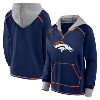 Women's Logo Athletic Navy Denver Broncos Boom Fleece Pullover V-Neck Hoodie