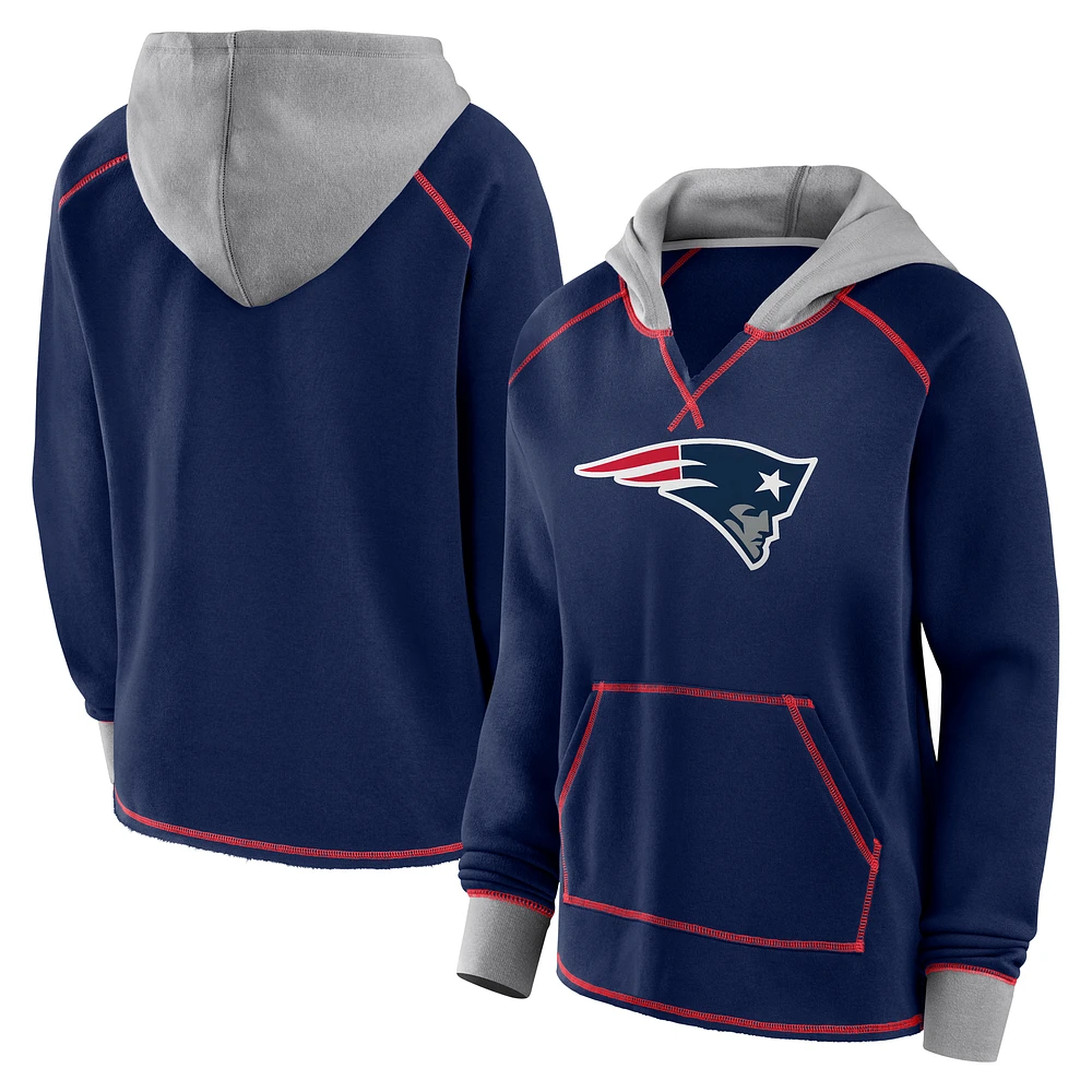 Women's Logo Athletic Navy New England Patriots Boom Fleece Pullover V-Neck Hoodie