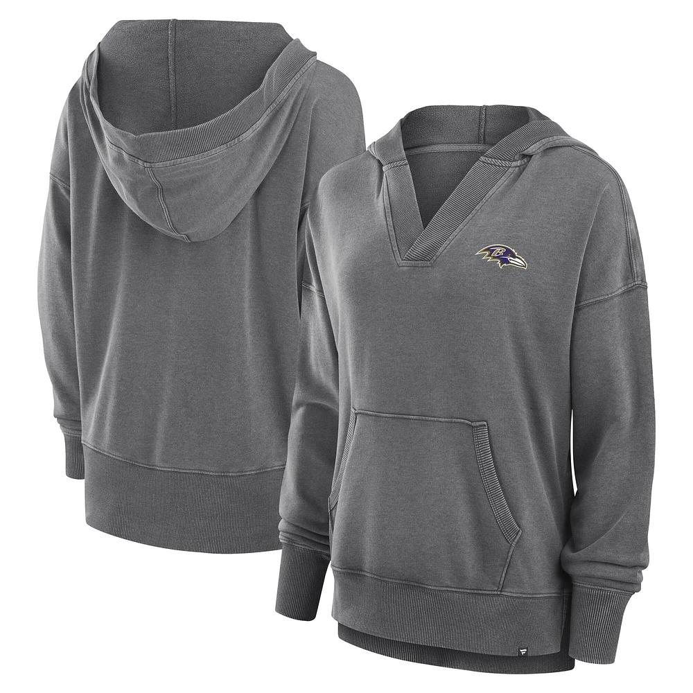 Women's Fanatics Heather Charcoal Baltimore Ravens Initiative Snow Wash French Terry V-Neck Pullover Hoodie