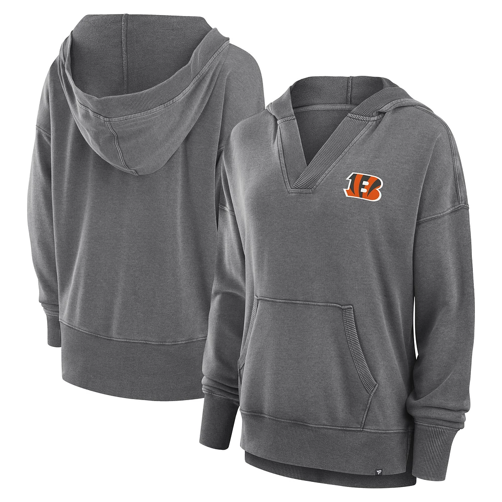 Women's Fanatics Heather Charcoal Cincinnati Bengals Initiative Snow Wash French Terry V-Neck Pullover Hoodie