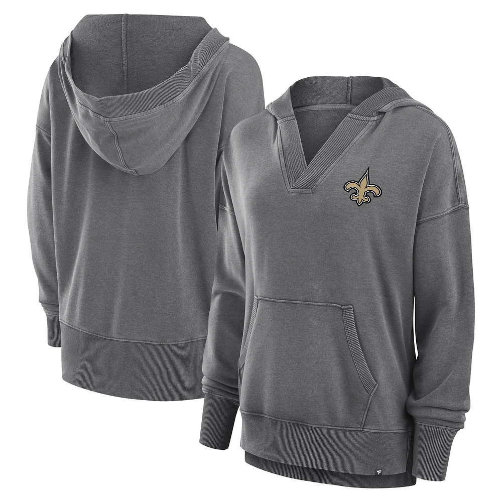 Women's Fanatics Heather Charcoal New Orleans Saints Initiative Snow Wash French Terry V-Neck Pullover Hoodie