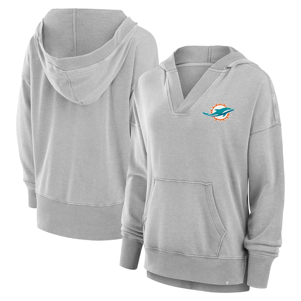 Women's Fanatics Heather Gray Miami Dolphins Initiative Snow Wash French Terry V-Neck Pullover Hoodie