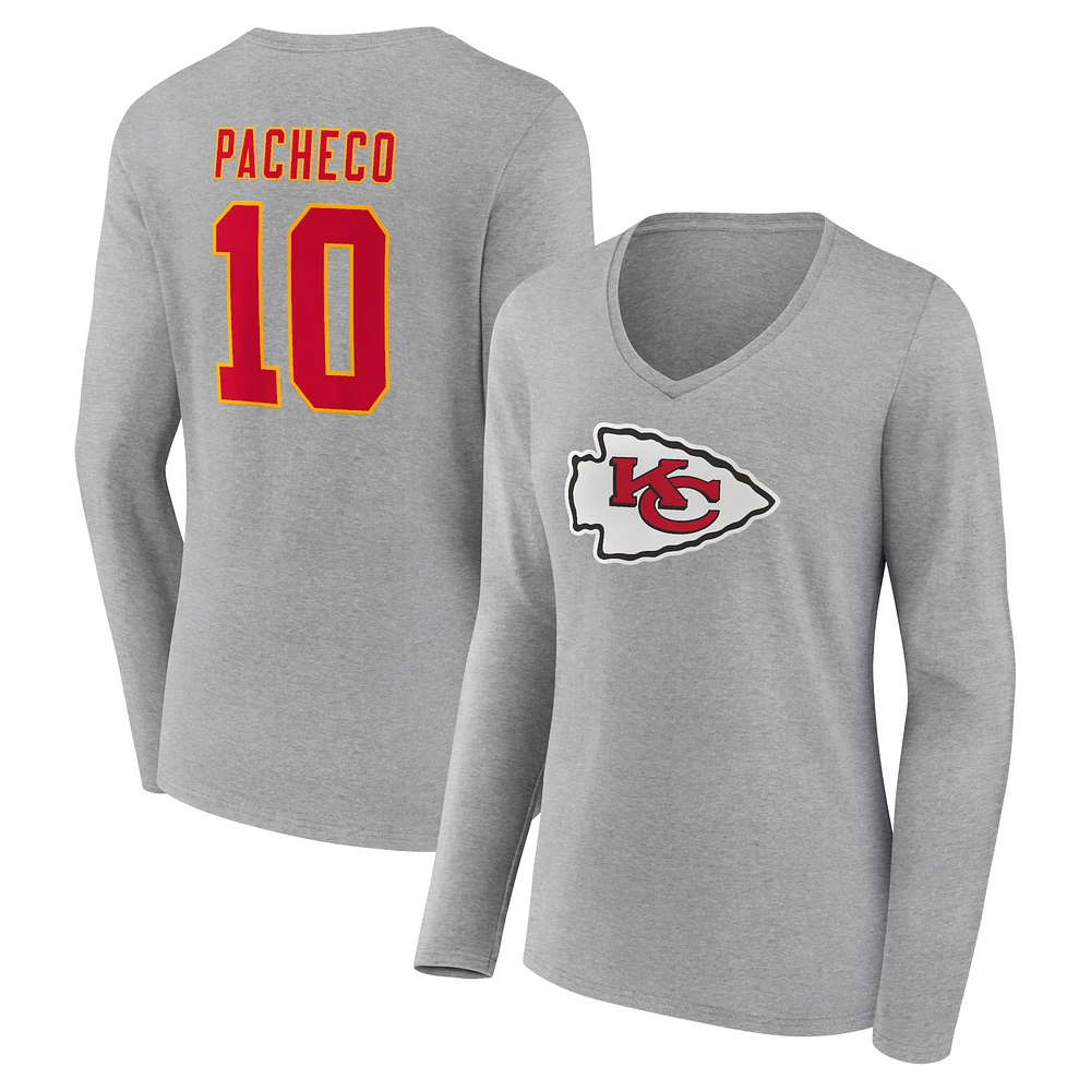 Women's Isiah Pacheco Gray Kansas City Chiefs Icon Player Name & Number Long Sleeve V-Neck T-Shirt