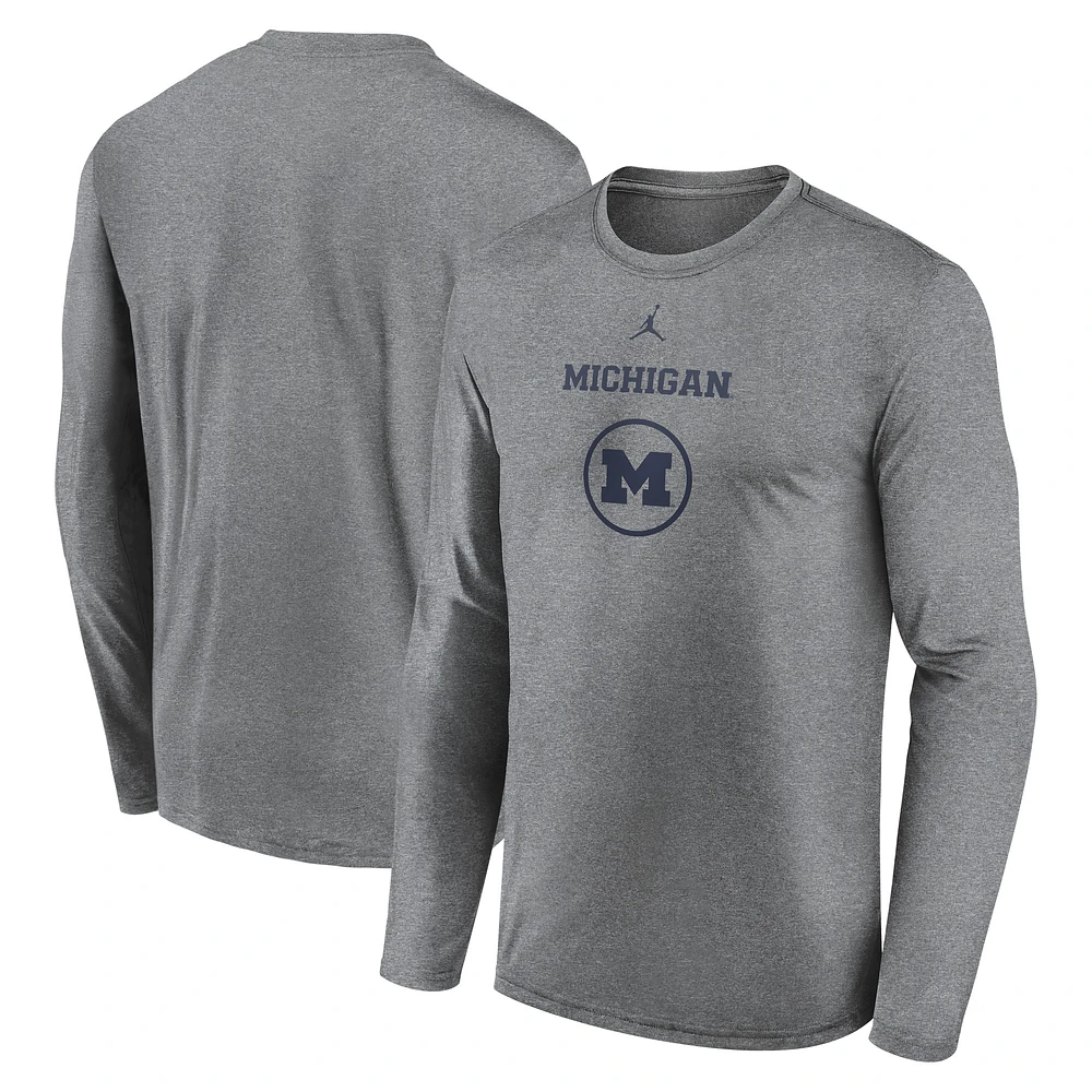 Men's Jordan Brand Heather Gray Michigan Wolverines 2024 On-Court Basketball Practice Legend Dri-FIT Long Sleeve T-Shirt
