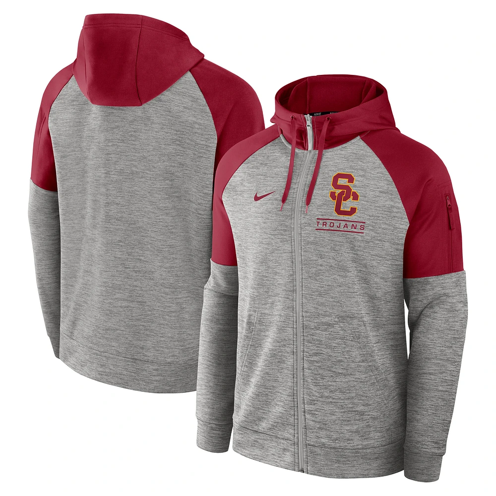 Men's Nike Heather Gray USC Trojans Fitness Raglan Performance Full-Zip Hoodie