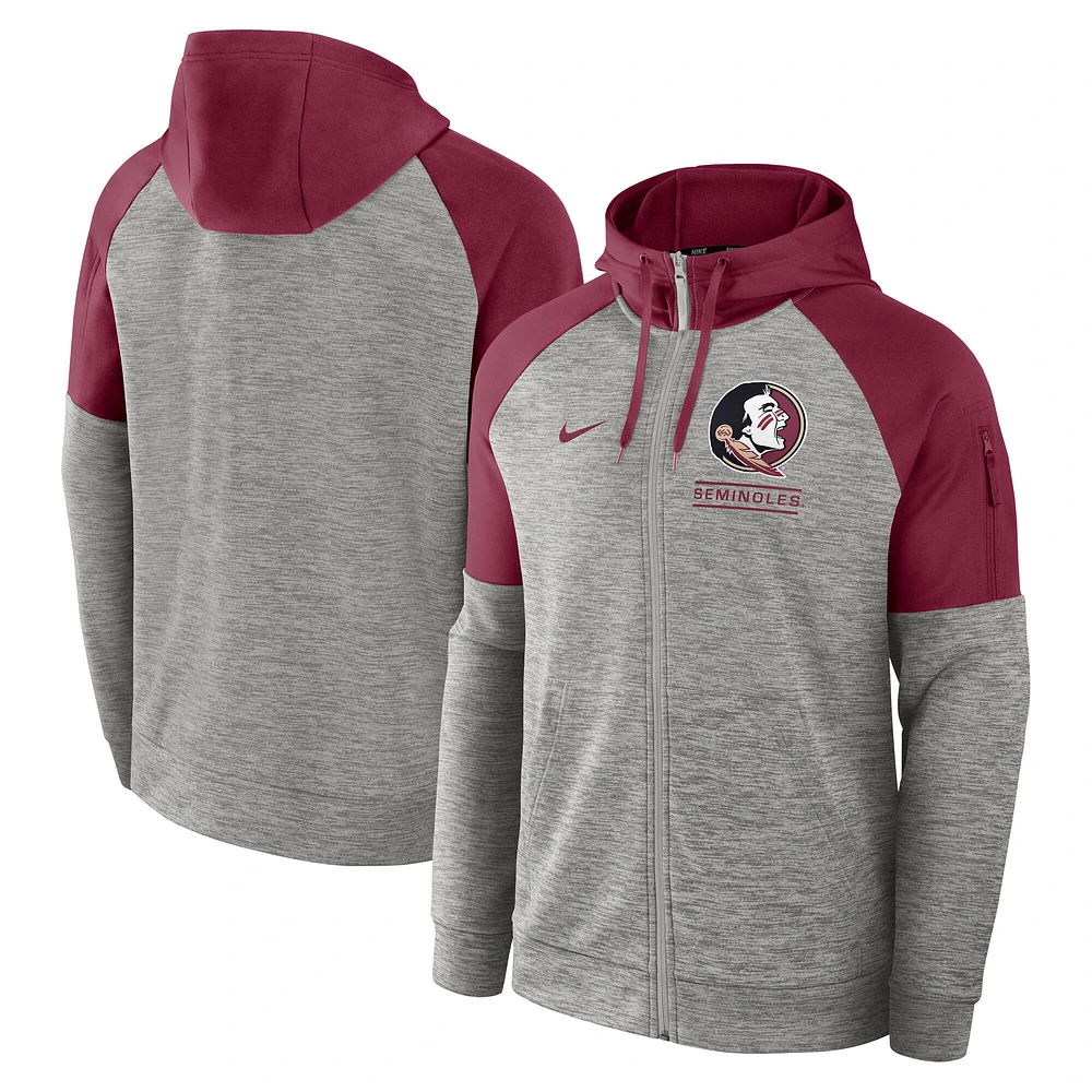 Men's Nike Heather Gray Florida State Seminoles Fitness Raglan Performance Full-Zip Hoodie
