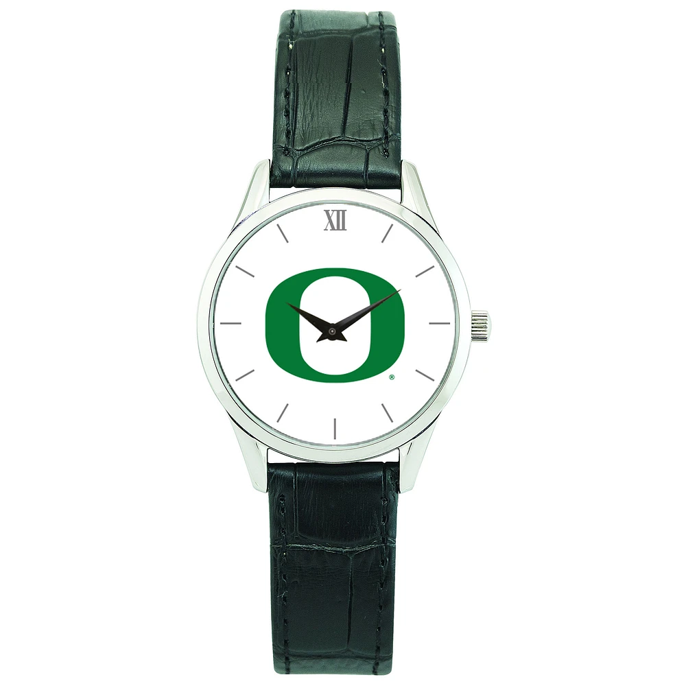 Women's Silver Oregon Ducks Stainless Steel Watch with Leather Band