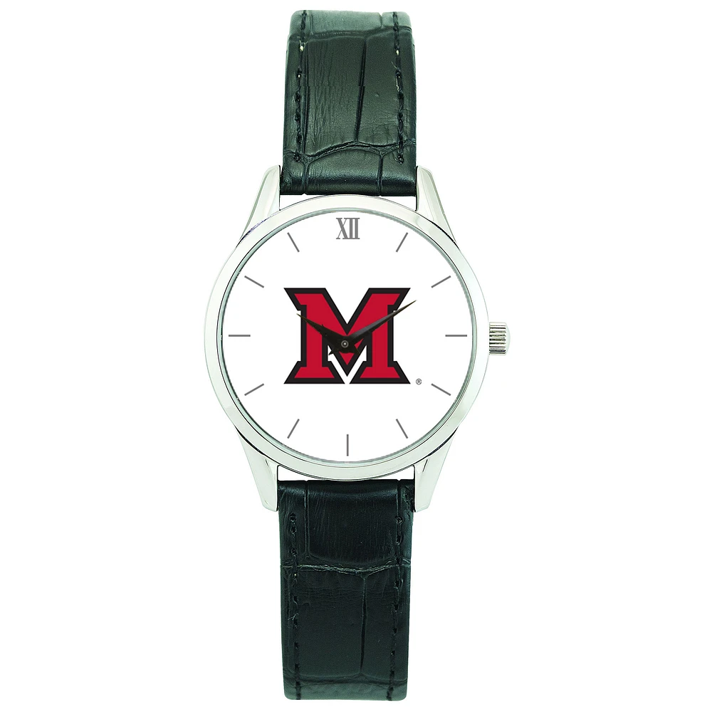 Women's Silver Miami University RedHawks Stainless Steel Watch with Leather Band