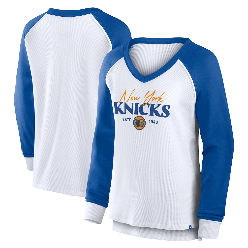 Women's Fanatics White New York Knicks Open Lane Waffle Long Sleeve V-Neck T-Shirt