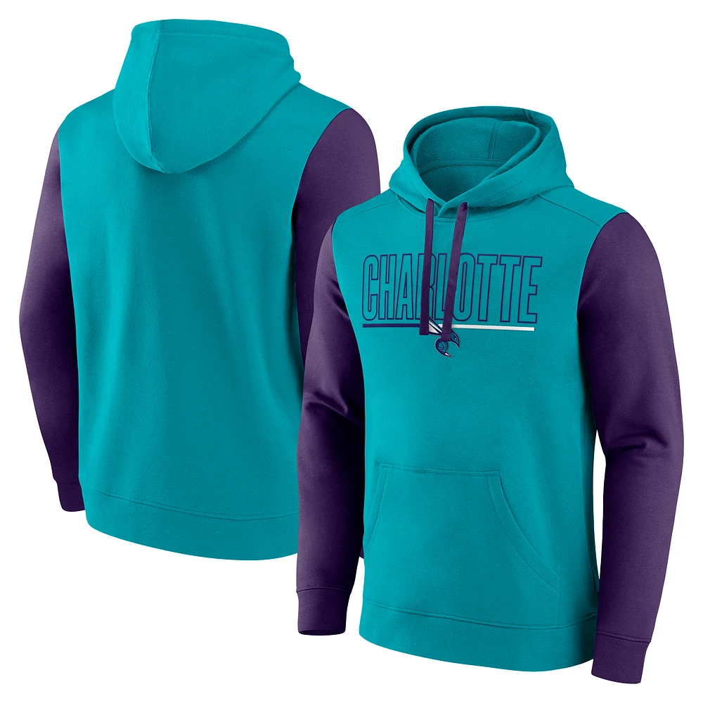Men's Logo Athletic Teal Charlotte Hornets Outline Colorblock Pullover Hoodie