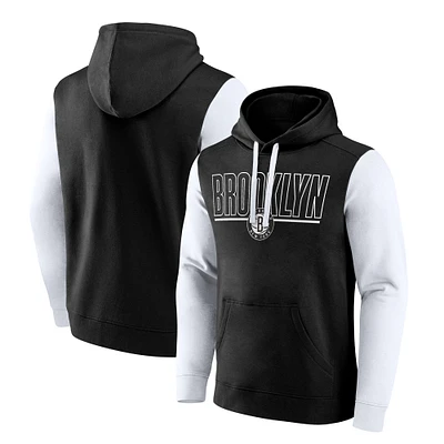 Men's Logo Athletic Black Brooklyn Nets Outline Colorblock Pullover Hoodie