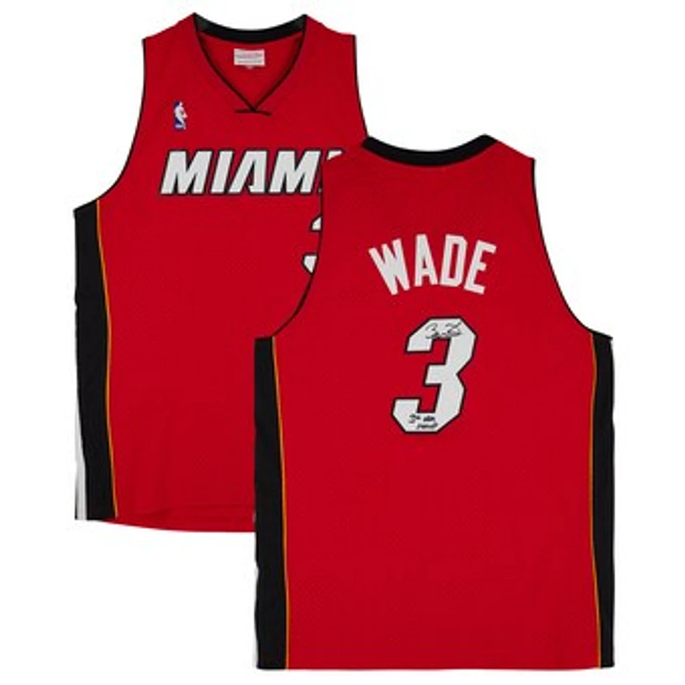 Dwyane Wade Miami Heat Autographed Red Mitchell & Ness Swingman Jersey with "3x NBA Champ" Inscription