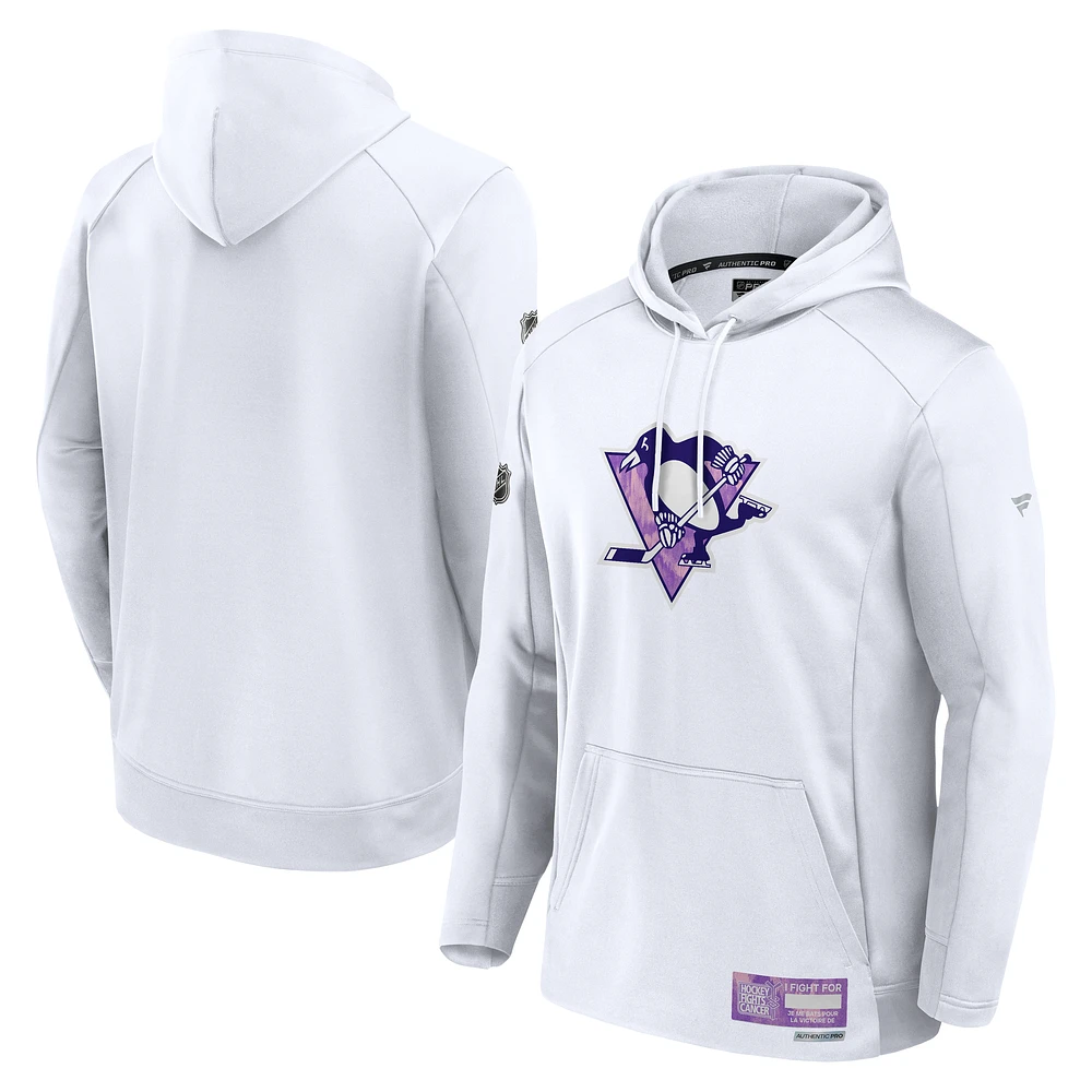 Men's Fanatics White Pittsburgh Penguins Authentic Pro Hockey Fights Cancer Pullover Hoodie