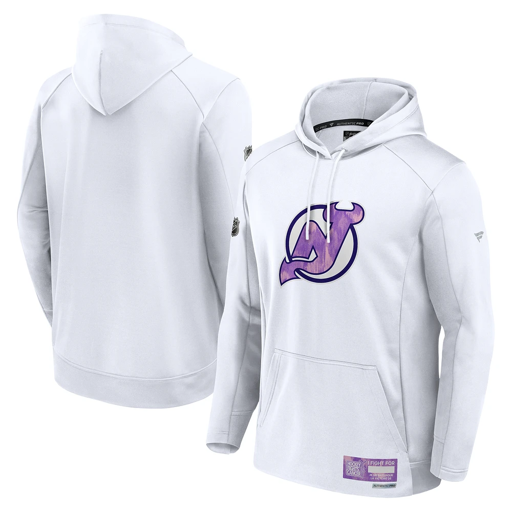 Men's Fanatics White New Jersey Devils Authentic Pro Hockey Fights Cancer Pullover Hoodie