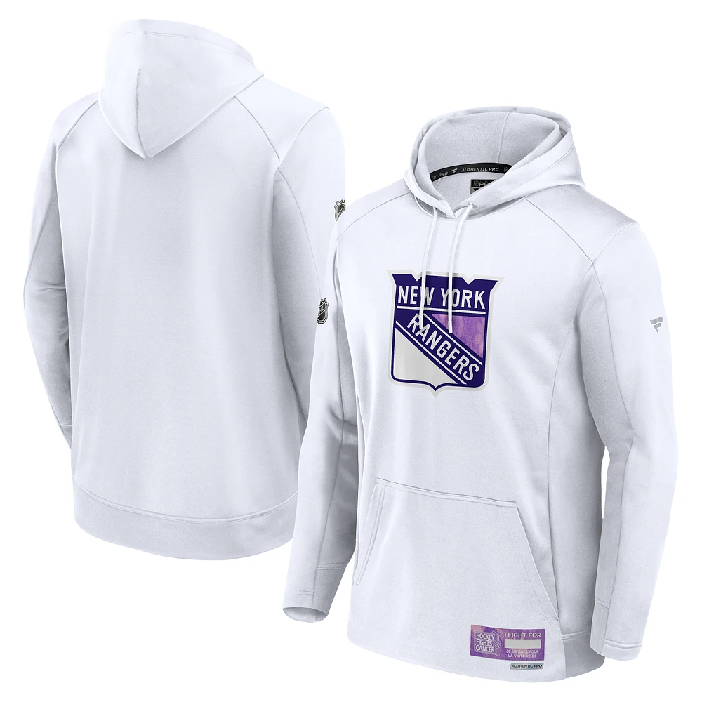 Men's Fanatics White New York Rangers Authentic Pro Hockey Fights Cancer Pullover Hoodie