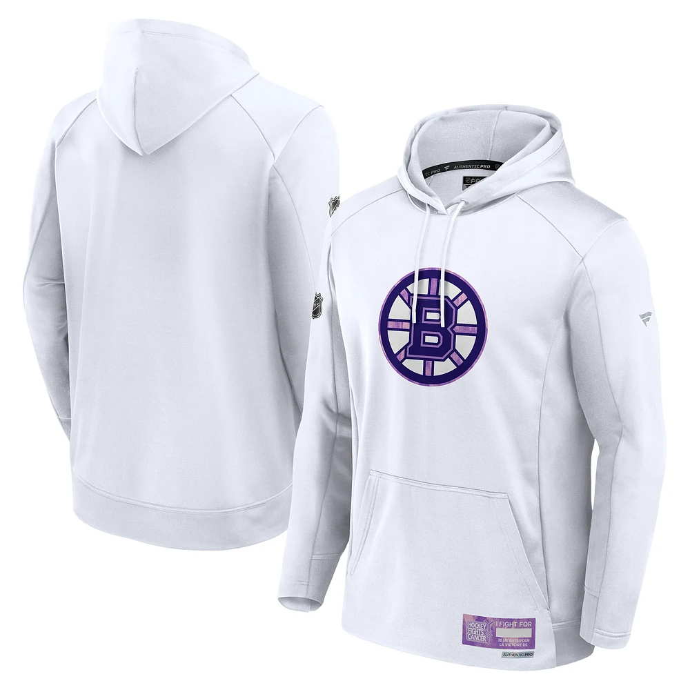 Men's Fanatics White Boston Bruins Authentic Pro Hockey Fights Cancer Pullover Hoodie