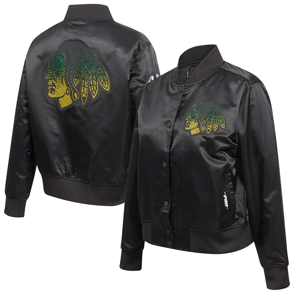 Women's Pro Standard Black Chicago Blackhawks Rhinestone Jewels Satin Full-Snap Jacket