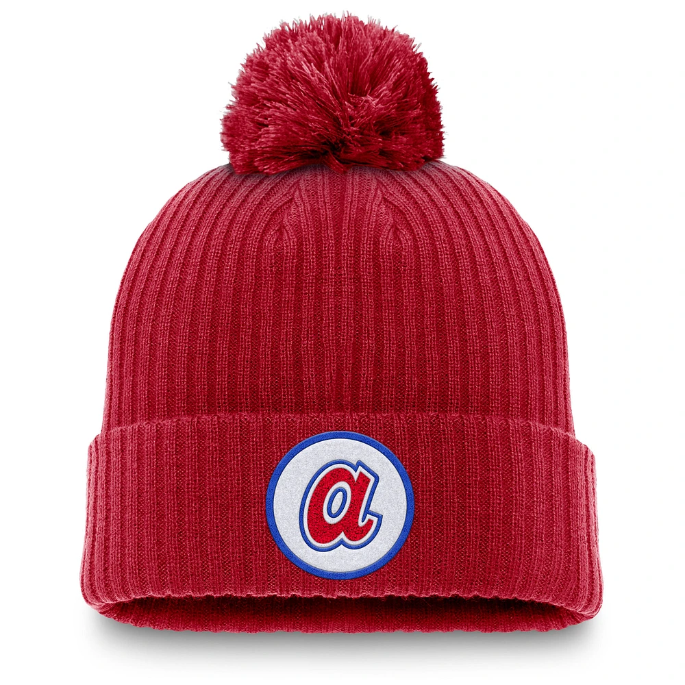 Men's Nike Red Atlanta Braves Cooperstown Collection Patch Cuffed Knit Hat with Pom