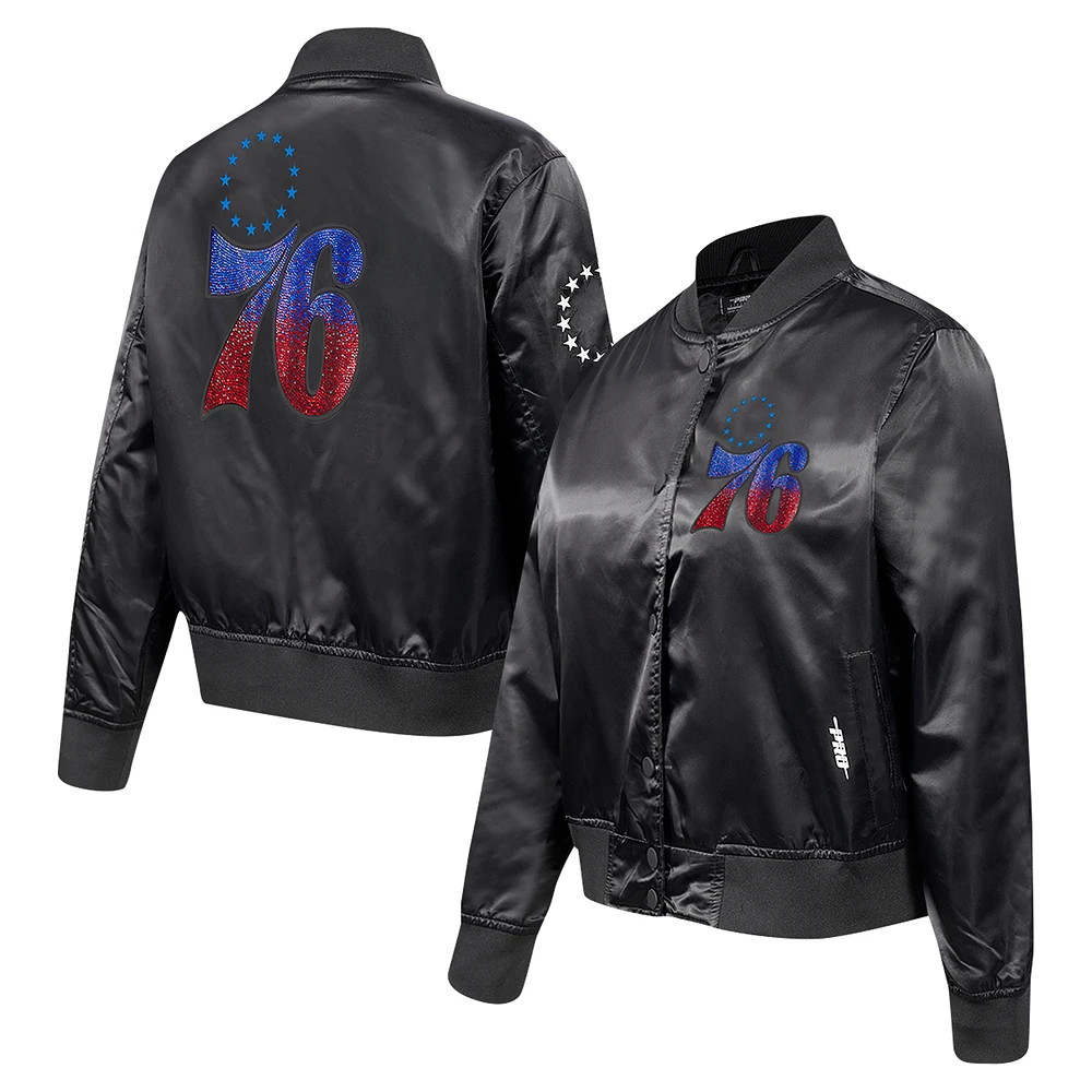 Women's Pro Standard Black Philadelphia 76ers Rhinestone Satin Full-Snap Jacket
