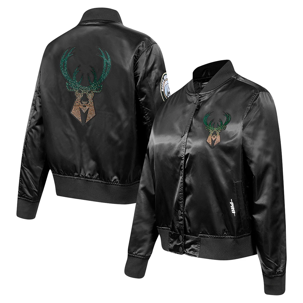 Women's Pro Standard Black Milwaukee Bucks Rhinestone Satin Full-Snap Jacket