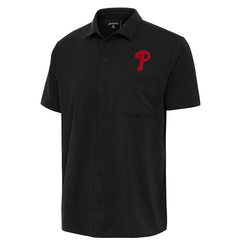 Men's Antigua Black Philadelphia Phillies Points Button-Up Polo