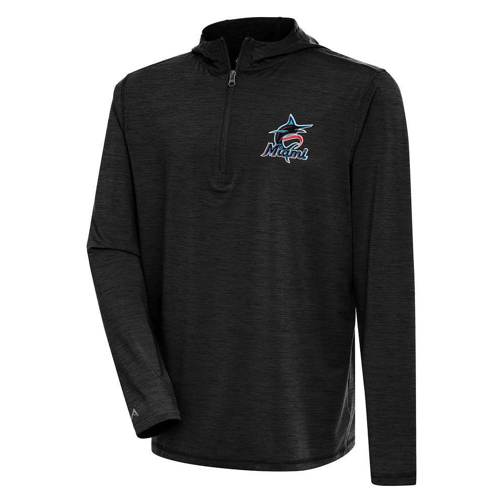 Men's Antigua Heather Black Miami Marlins Tidy Quarter-Zip Hoodie