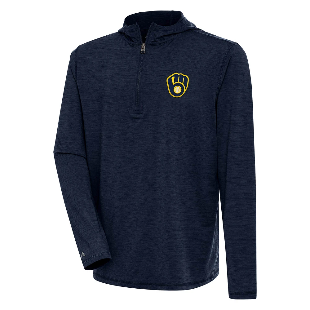 Men's Antigua Heather Navy Milwaukee Brewers Tidy Quarter-Zip Hoodie