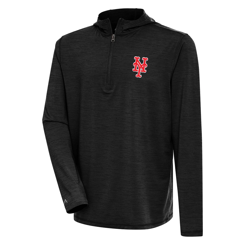 Men's Antigua Heather Black New York Mets Tidy Quarter-Zip Hoodie