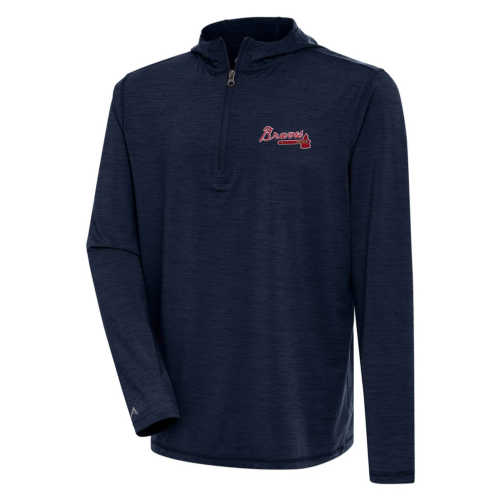 Men's Antigua Heather Navy Atlanta Braves Tidy Quarter-Zip Hoodie
