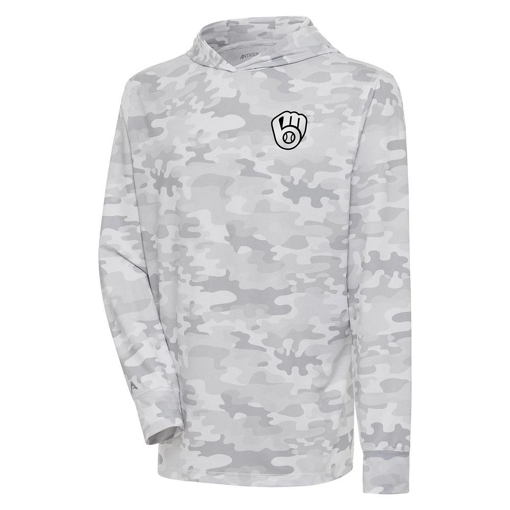 Men's Antigua White Milwaukee Brewers Brushed Metallic Logo Sector Pullover Hoodie