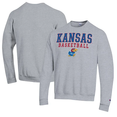 Men's Champion Heather Gray Kansas Jayhawks Basketball Stack Pullover Crewneck Sweatshirt