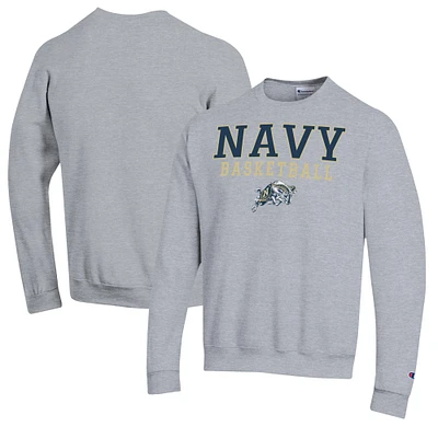 Men's Champion Heather Gray Navy Midshipmen Basketball Stack Pullover Crewneck Sweatshirt