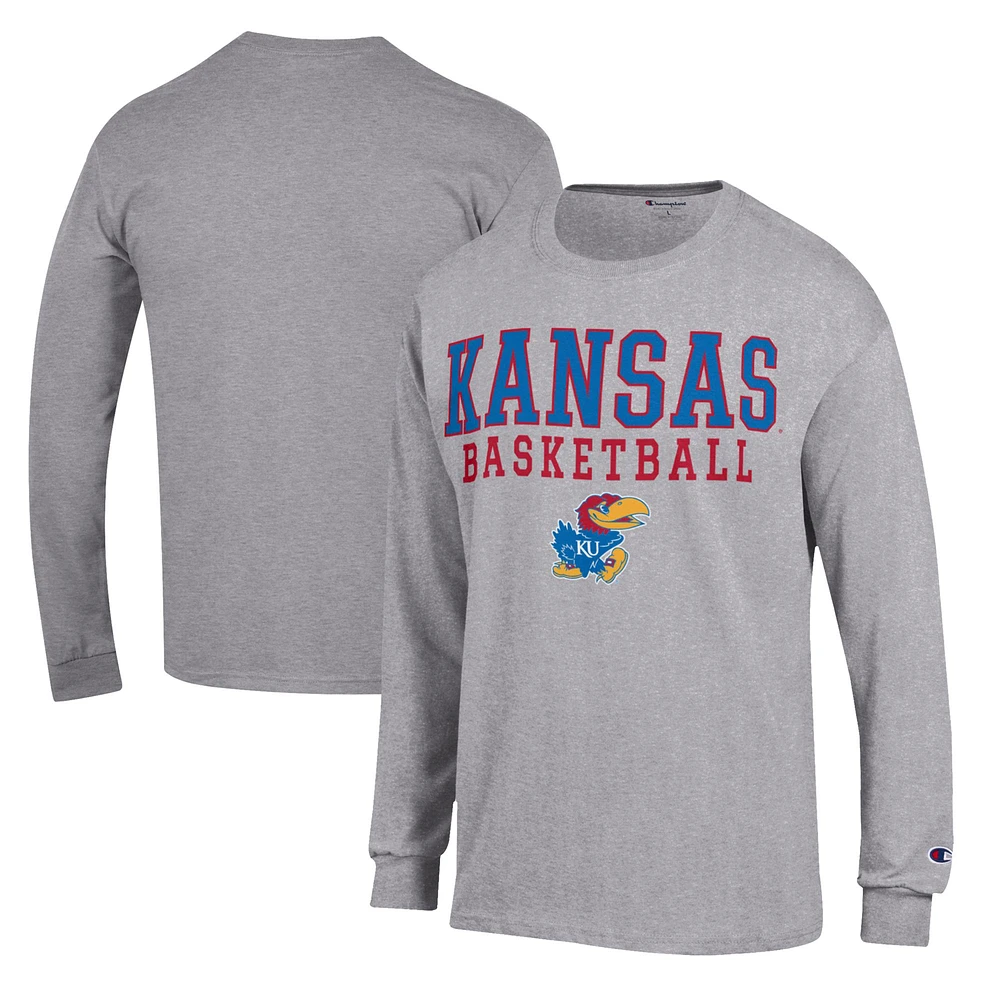 Men's Champion Heather Gray Kansas Jayhawks Basketball Stack Long Sleeve T-Shirt