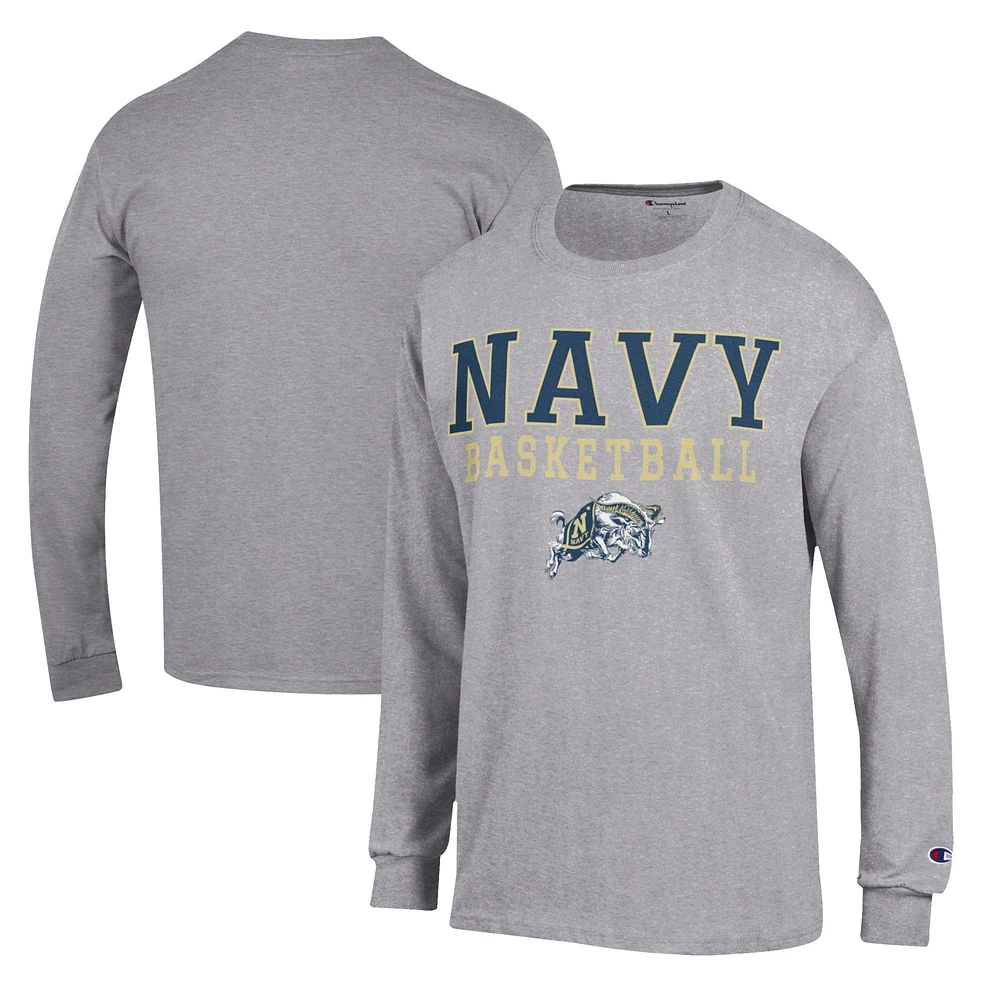 Men's Champion Heather Gray Navy Midshipmen Basketball Stack Long Sleeve T-Shirt