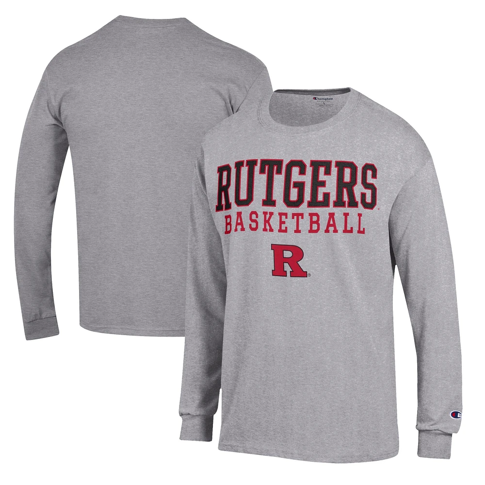 Men's Champion Heather Gray Rutgers Scarlet Knights Basketball Stack Long Sleeve T-Shirt