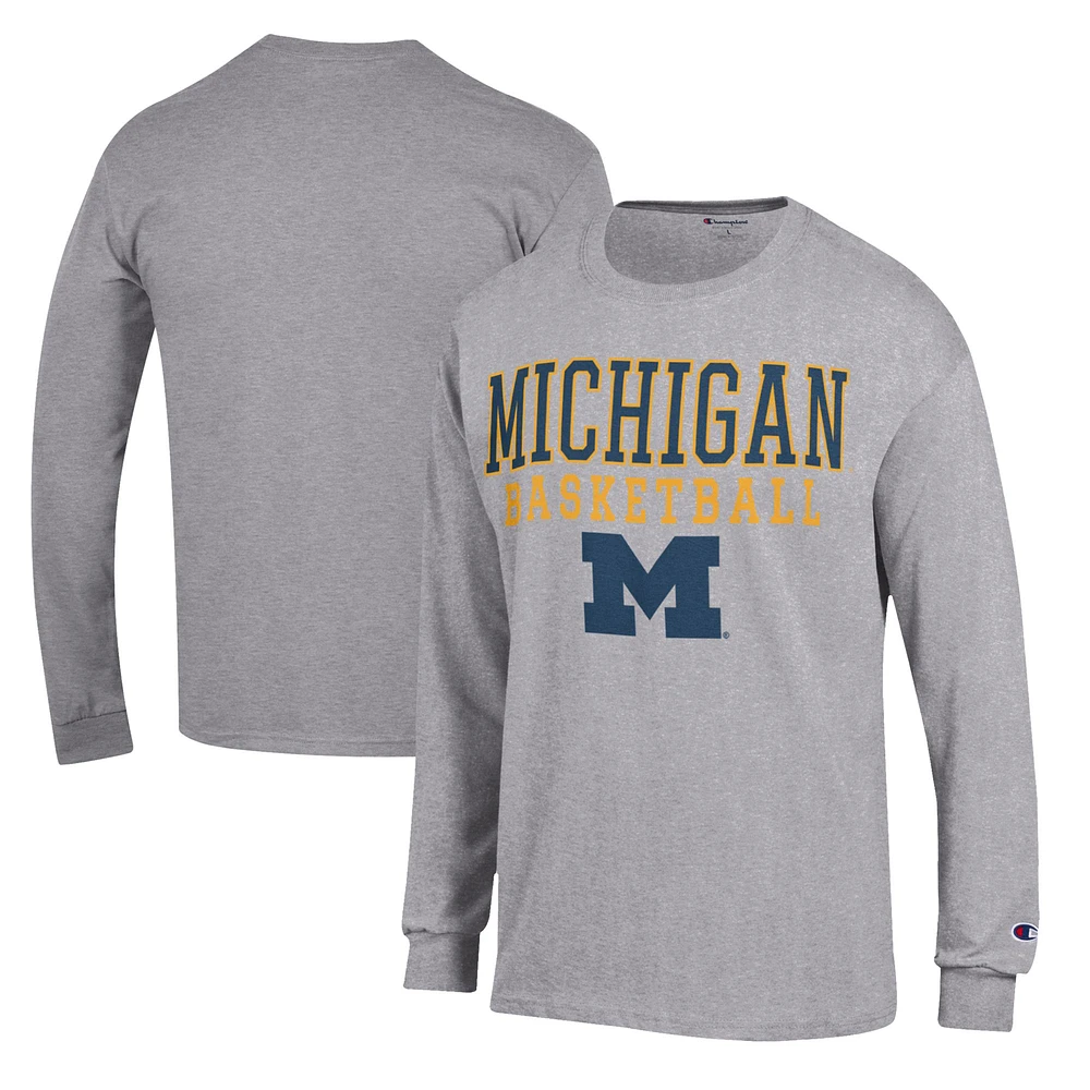 Men's Champion Heather Gray Michigan Wolverines Basketball Stack Long Sleeve T-Shirt