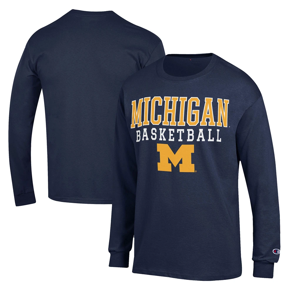 Men's Champion Navy Michigan Wolverines Basketball Stack Long Sleeve T-Shirt