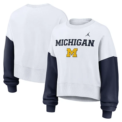 Women's Jordan Brand White Michigan Wolverines Oversized Color-Block Pullover Sweatshirt