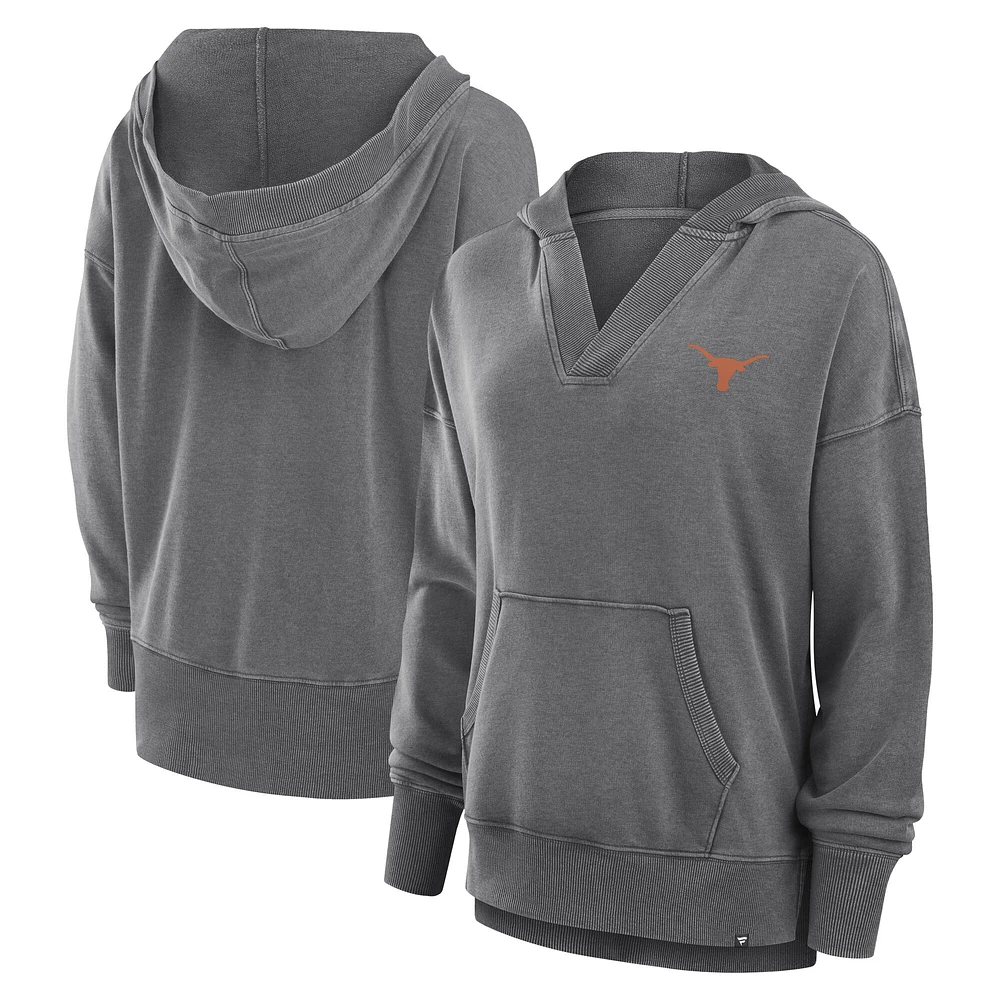 Women's Fanatics Heather Gray Texas Longhorns Initiative Snow Wash French Terry V-Neck Pullover Hoodie