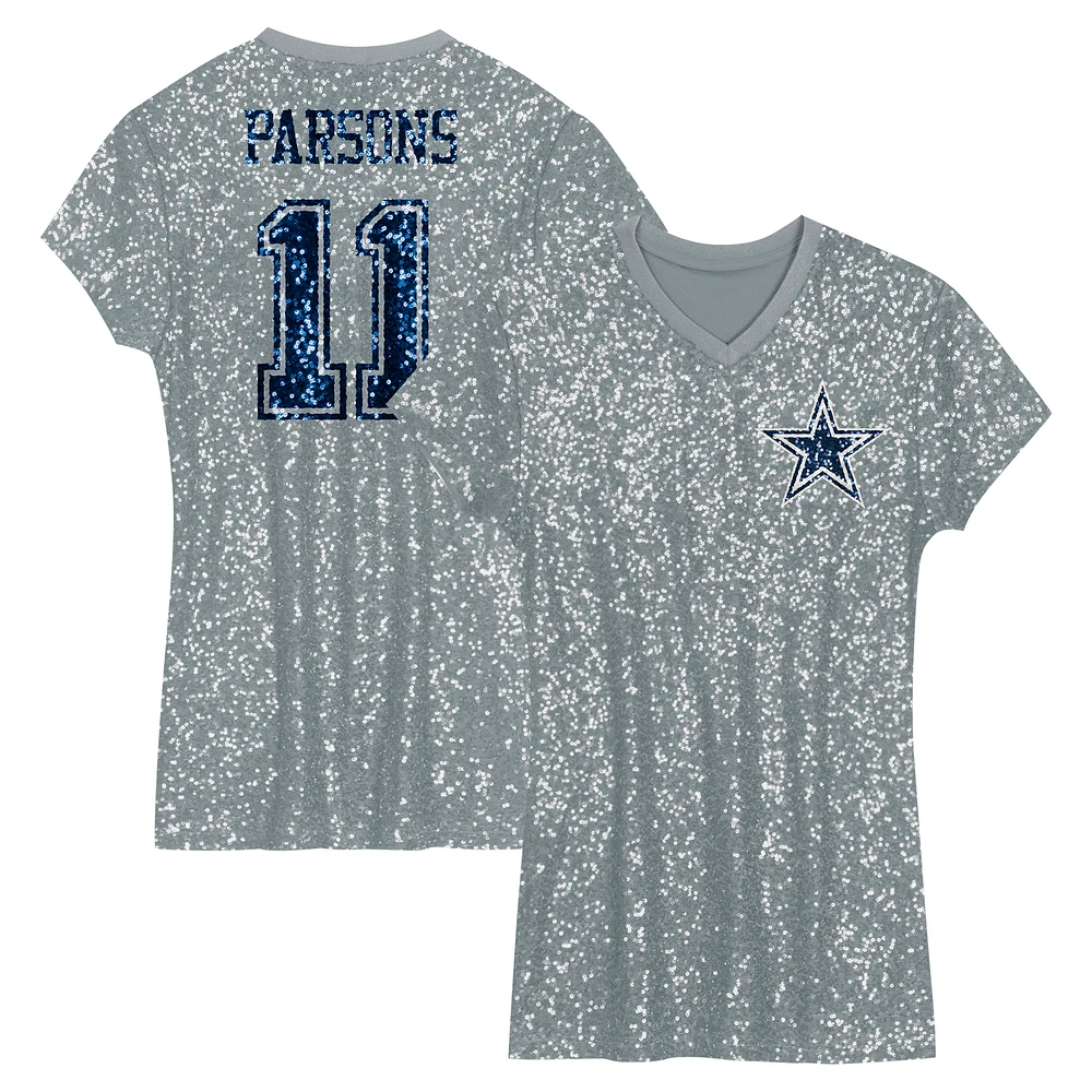 Girls Youth Micah Parsons Silver Dallas Cowboys Sequin Player Name & Number V-Neck Dress