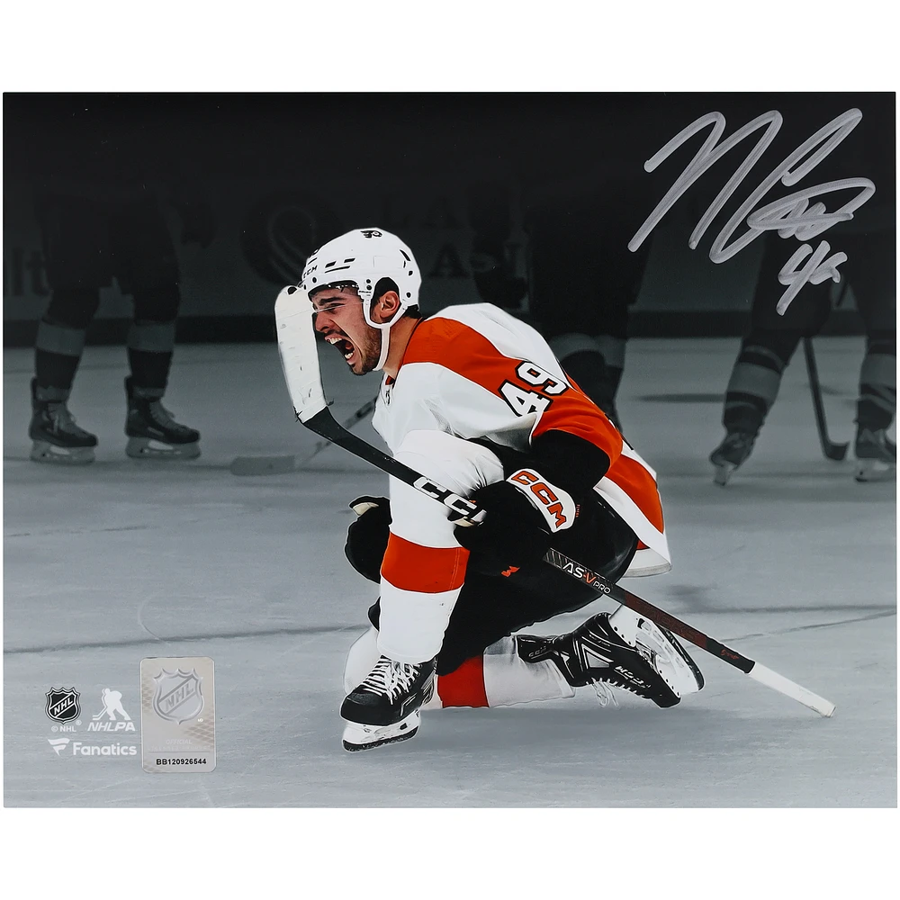 Noah Cates Philadelphia Flyers Autographed 8" x 10" White Jersey Celebrating Spotlight Photograph